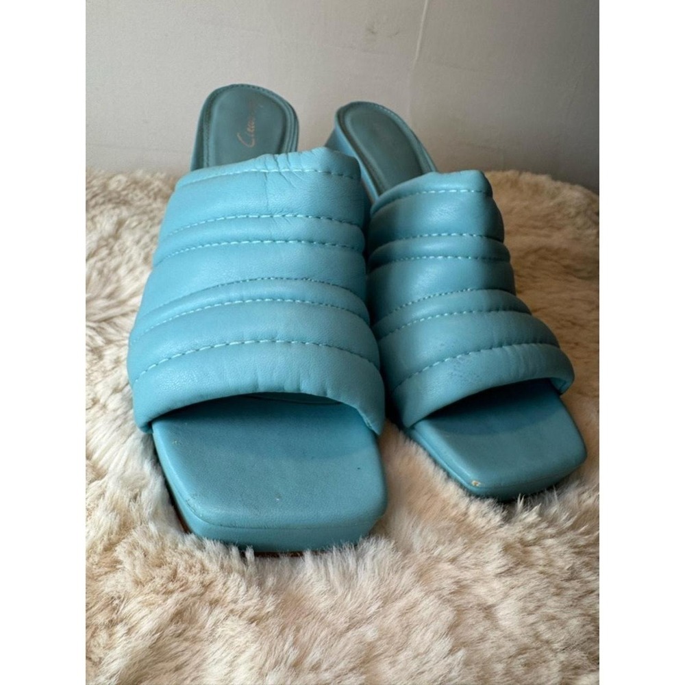 Circus NY Aqua Blue Padded Quilted Square Toe Block Heel Mules Platform Sandals